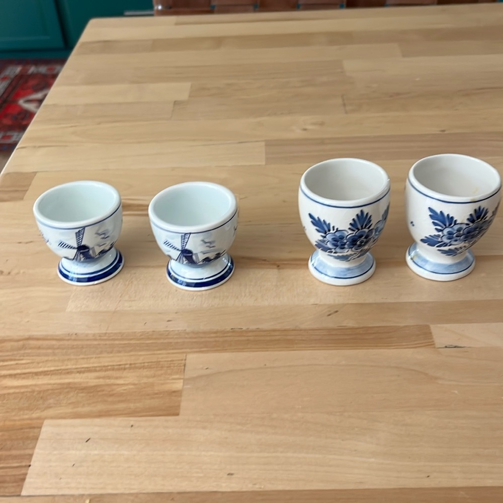 Lot of 4 Vintage Delft Blue & White Hand Painted Egg Cups Windmill